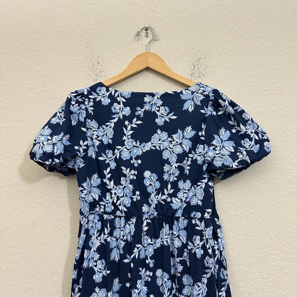 J.CREW Midi Dress Navy Blue Floral Tiered Puff Sleeve A-Line Boho - Picture 5 of 13